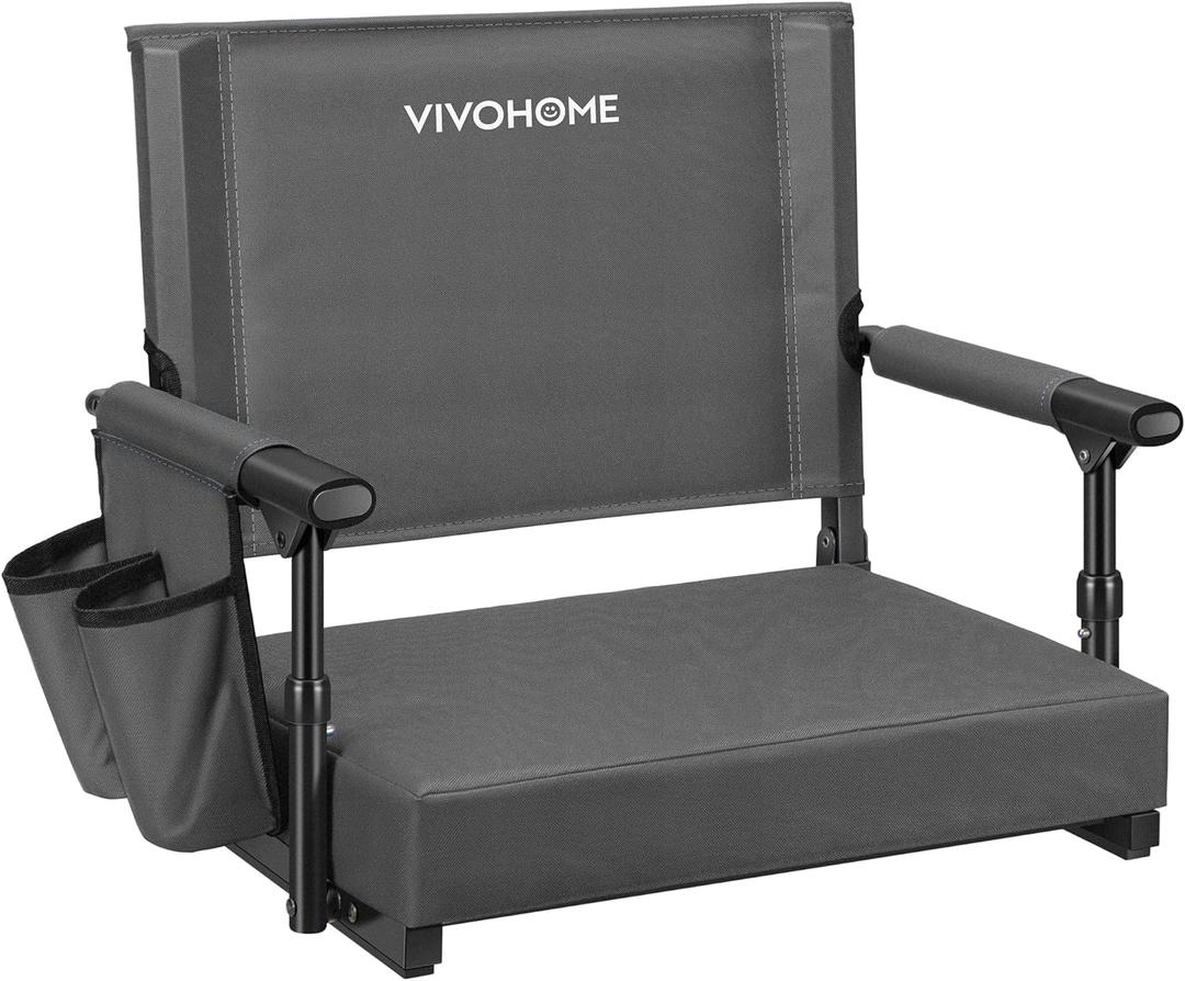 VIVOHOME Stadium Seat with Back Support and Cushion, Portable Bleacher Chair with Cup Holder and Shoulder Strap, Comfortable for Various Sports Events, Gray