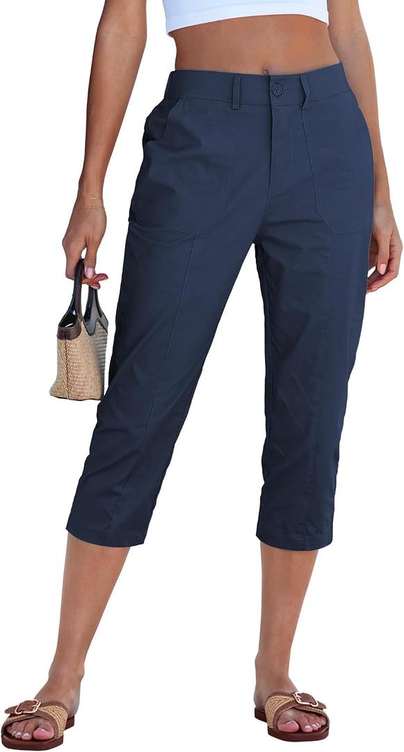 GRAPENT Capri Pants for Women High Waisted Relaxed Fit Elastic Waist Casual Capris Trousers Crop Chino Pants with Pocket, Blue, Small