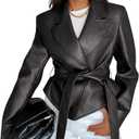 MEROKEETY Women's Fall Fashion 2025 Leather Jacket Casual Belt Button Down Blazer Trendy Coat Outerwear (Medium, Black)