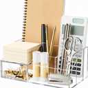 HBlife Acrylic Desk Organizer with 6 Compartments, Pen & Pencil Holder, Multifunctional Desktop Caddy for Office Supply and Organization (Clear)
