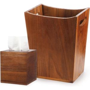 Reallnaive 2 Pcs Trash Can Wastebaskets and Tissue Box Set Rectangular Trash Basket Garbage Can for Bathroom, Living Room, Office, Kitchen (Brown)
