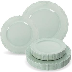 Tinybee 60PCS Sage Green Plates - Heavy Duty Sage Green Disposable Plates, Elegant Plastic Plates for Bridal Shower, Wedding and Party Including 30 Dinner Plates 10 '' & 30 Dessert Plates 7.5 ''