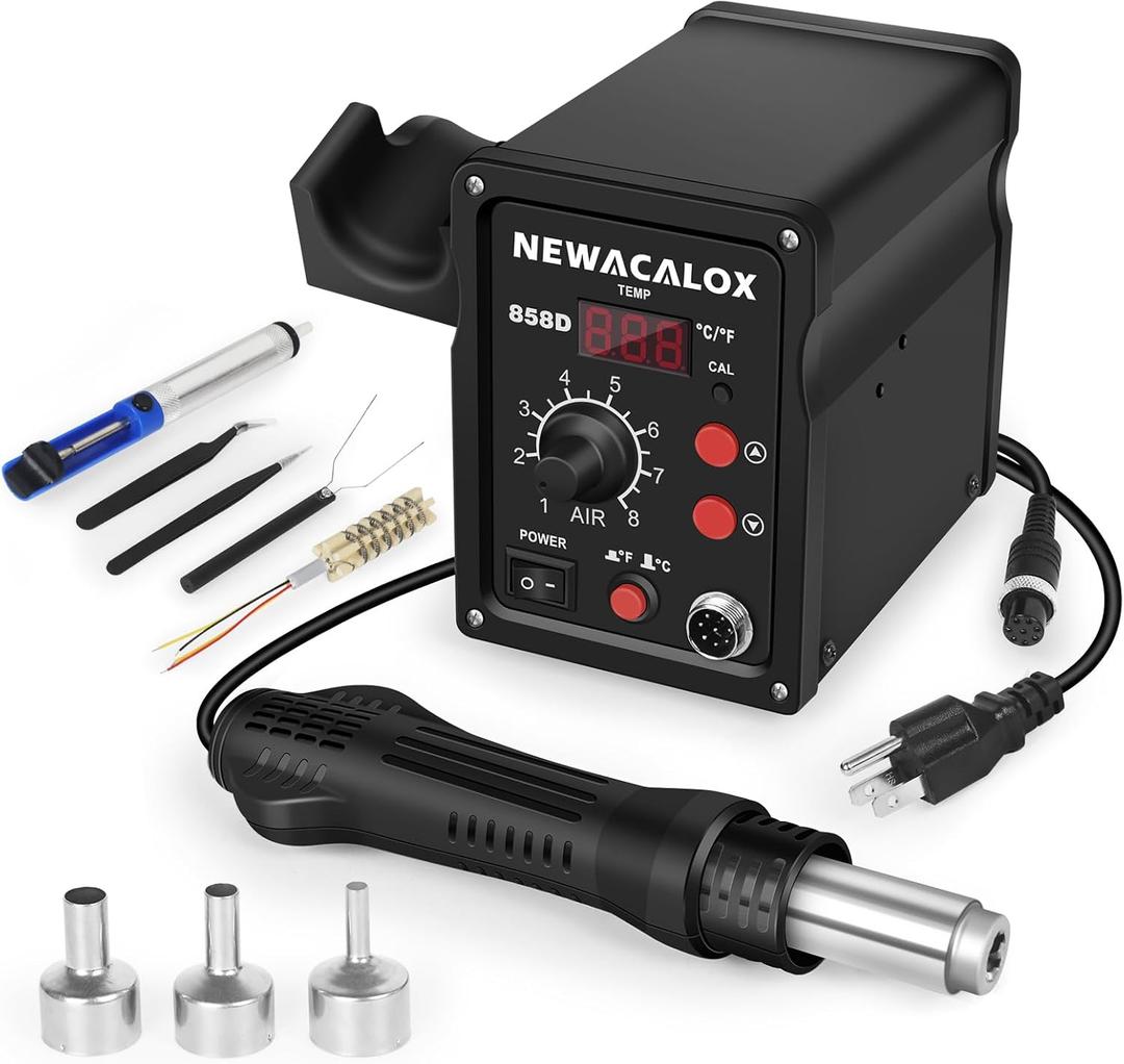 NEWACALOX Hot Air Rework Station 500C Soldering Station with Hot Air Gun, Airflow Adjustable, Desoldering Station for BGA IC, SOIC CHIP, QFP, PLCC, etc.