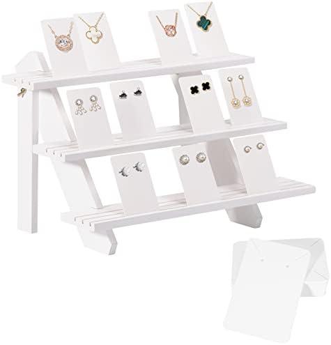 51pcs Wood Tiered Earring Display Stand, 3-Tier White Retail Jewelry Card Display With Groove + 50 Earring Cards, Portable Ring Organizer Holder, Showcase Racks for Business Has Damage