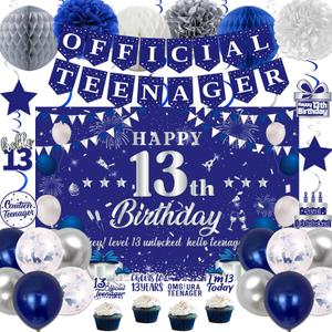 13th Birthday Decorations for Boys Girls, Blue Silver Official Teenager Party Decorations, Happy 13th Birthday Backdrop, Banner, Balloons, Pompoms, Hanging Swirls, Birthday Card, Cake Topper Set 54pcs (13th Blue Silver) 13th Birthday Decorations for Boys Girls, Blue Silver Official Teenager Party Decorations, Happy 13th Birthday Backdrop, Banner, Balloons, Pompoms, Hanging Swirls, Birthday Card, Cake Topper Set 54pcs (13th Blue Silver)