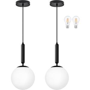 8" Black Modern Globe Pendant Light 2 Pack Mid Century Pendant Lights with Milky White Glass Hanging Light Fixture for Kitchen Island Dining Room Bedroom Living Room Entryway(Bulbs Incl.)