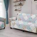 Brilliant Sunshine Blue and Green Rose Patchwork Couch Cover, Quilted Large Sofa Slipcover, 70" Seat Width, Slip Resistant Furniture Protector, 2" Strap, Washable Couch Cover for Kids, Dogs,Blue Green