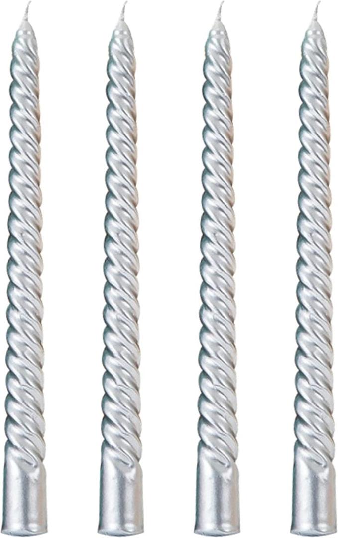 Taper Candles,10 inch-Set of 4 Metal StyleTapered Candles, Long Candle,Tall Candlesticks, Long Candle Sticks,Spiral Taper Candle,Home Dinner, Party, Wedding, Halloween (4, Silver, 10 inch)