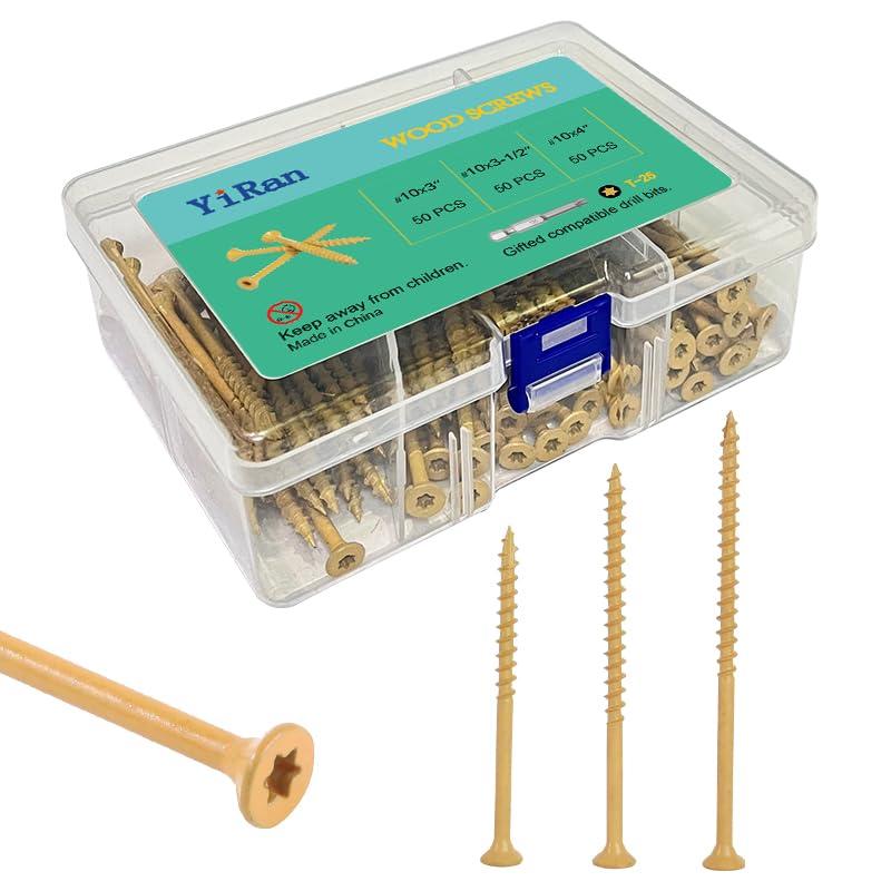 YIRAN Deck Screws Wood Screws Assortment Kit, 150 PCS, 3 Sizes (3, 3-1/2, 4), T25 Star Bit Included, Tan Coated
