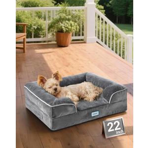 OhGeni Orthopedic Dog Bed Couch Cat Sofa for Small Sized Pets with Memory Foam, Machine-Washable Waterproof Removable Cover, Soft Comfortable Fabric, 22-inch (Gray) (22"x17"x6")