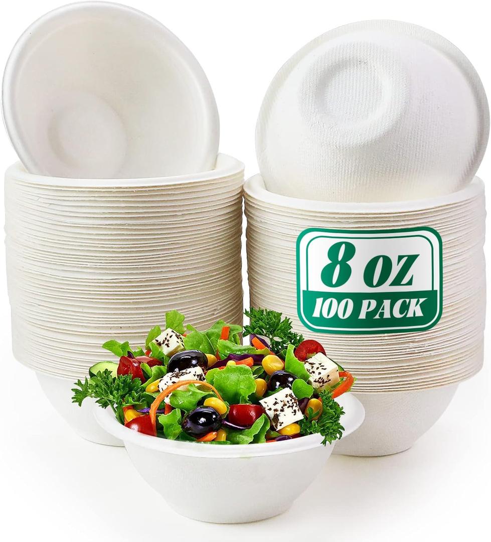 Oomcu 100 Pack 8oz Heavy Duty Disposable Paper Bowls Bulk  Compostable, Eco-Friendly Bowls for Hot Soup, Ice Cream, Party,Salad,Snacks,Dessert,Picnics & Food Service (White)