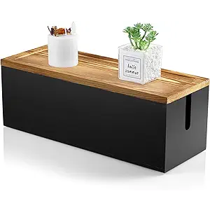 Bivvclaz Large Cable Management Box, Wooden Cord Organizer Box for Desk, Floor, Office to Hide Extension Cords Power Stripes Surge Protectors Chargers Wires, Black