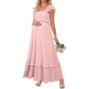 OUGES Womens 2026 Summer Maternity Photoshoot Dress Boho Maxi Smocked Baby Shower Dress Ruffle Sleeve Maternity Clothes (Pink, XXL)