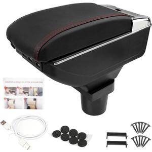 Center Console Armrest Compatible with Mini Cooper Coupe R50 R52 R53 R56 R57 R58 F55 F56 F57 Countryman with 7 USB Port Cup Holder Double Layer Organizer Storage Box (Black with Red Line)