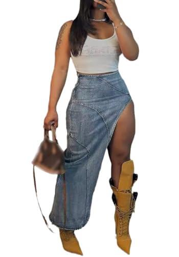 Tbahhir Long High Slit Skirt Denim for Women Sexy High Waisted Jean Skirt Maxi Slim Fit Y2k Streetwear Fall Club Party, XL