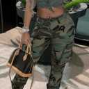 Womens Camo Cargo High Waist Pants Camouflage Military Elastic Trousers with Pockets (XL)