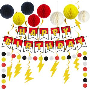 Cartoon Animation Birthday Party Decorations, Party Supplies Birthday Banner, Honeycomb Balls, Gold Theme Hanging Swirls, Circle Dots Garland, for Boys and Girls