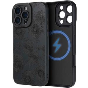 Case for iPhone 16 Pro Max [Compatible with MagSafe] Built in Magnetic Cute Girly Sleek Print Boho Aesthetic Style Design for Women Girls Flowers Floral Black Sunflower Soft TPU Protective Shockproof