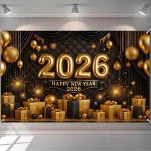 Happy New Year 2026 Backdrop Gold Black Balloons Fireworks Gift Boxes Sparkling Party Banner 71x43 Inches Chinese New Year Eve Decoration Indoor Outdoor Celebration Photography Background