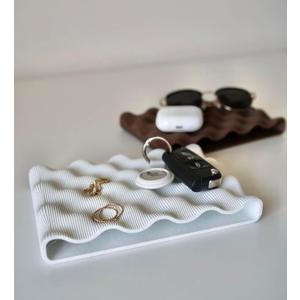 Minimalist Jewelry & Keys Tray Set of 2  White & Light Brown | Modern Decorative Organizer for Sunglasses, Rings, Necklaces & Everyday Essentials | Ribbed Wave Design Storage Dish
