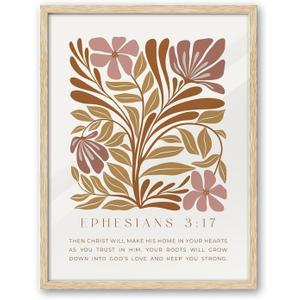 EcoHest Bible Verse Floral Framed Wall Art, Large 16x20 in OAK Wood Abstract Flowers Canvas Wall Art, Ephesians 3:17 Home Decor, Beige Logs Boho Christ Set of 1 for Bedroom Living Room