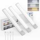 Under Cabinet Lighting 8 Inches Rechargeable Motion Sensor Light Indoor, 3 Color Dimmable Closet Light Battery Operated, USB Stick on LED Magnetic Under Counter Lights for Kitchen Stair, 3 Packs