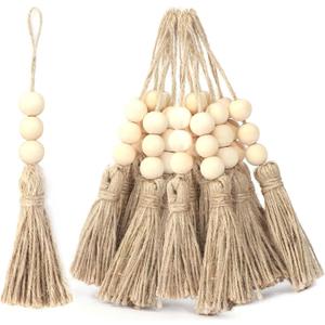 20 Pack Jute Rope Tassel with 3 Wood Beads, Hemp Rope Burlap Tassels for Christmas Tree DIY Craft Wood Beads Garland Project Wedding Home Party Decorations (Natural Color)