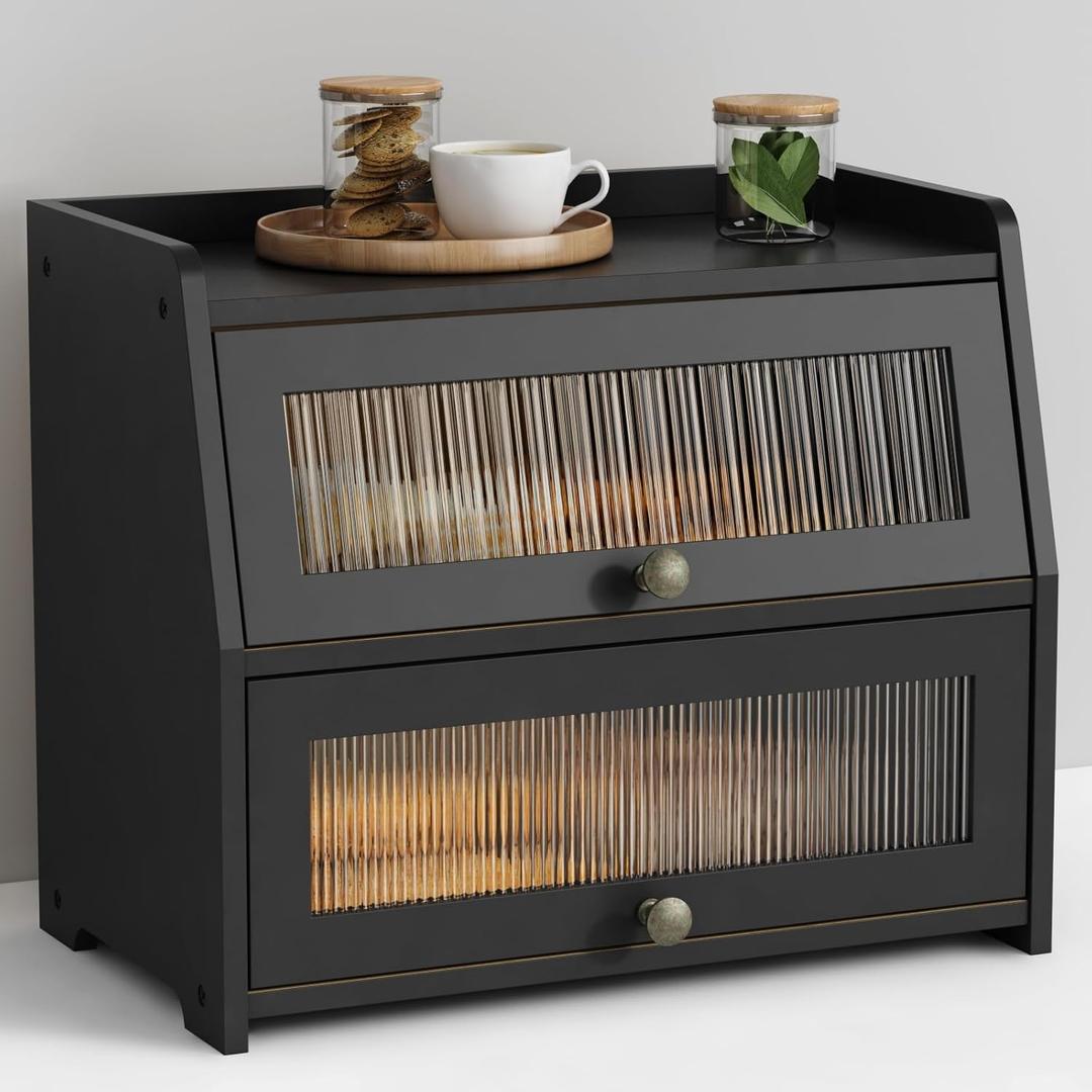 Large Bread Box for Kitchen Countertop, Black Bread Storage Container for Homemade Bread, Double Layer Farmhouse Breadbox Organizer for Kitchen Counter Cabinet, Pantry, Cupboard (Black)