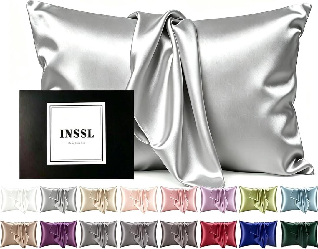 INSSL Silk Pillowcase for Women, Mulberry Silk Pillowcase for Hair and Skin and Stay Comfortable and Breathable During Sleep (Queen, Grey)