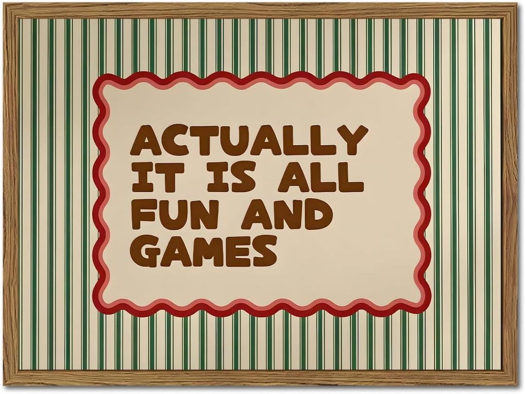 Actually It Is All Fun And Games Sign Wall Art Funny Playroom Quote Wall Decor Painting Vintage Striped Kids Game Room Canvas Poster Prints Picture for Bedroom Living Room 16x24 inch Wood Framed
