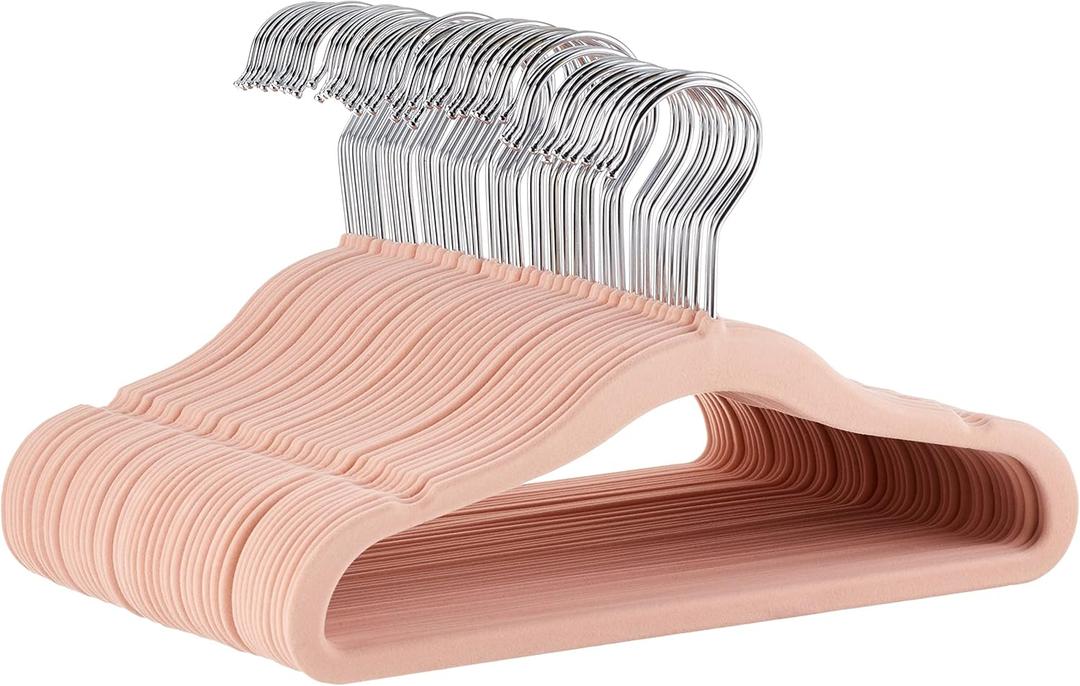 Amazon Basics Kids Velvet, Non-Slip Clothes Hangers for Infant and Toddler, 11.6 in (for baby clothes), Pack of 50, Blush