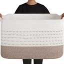 OIAHOMY 108L Extra Large Blanket Basket, 25x16x16 Rectangle Woven Cotton Rope Baskets for for Living Room, Toy Storage with Handle- Gradient Light Brown