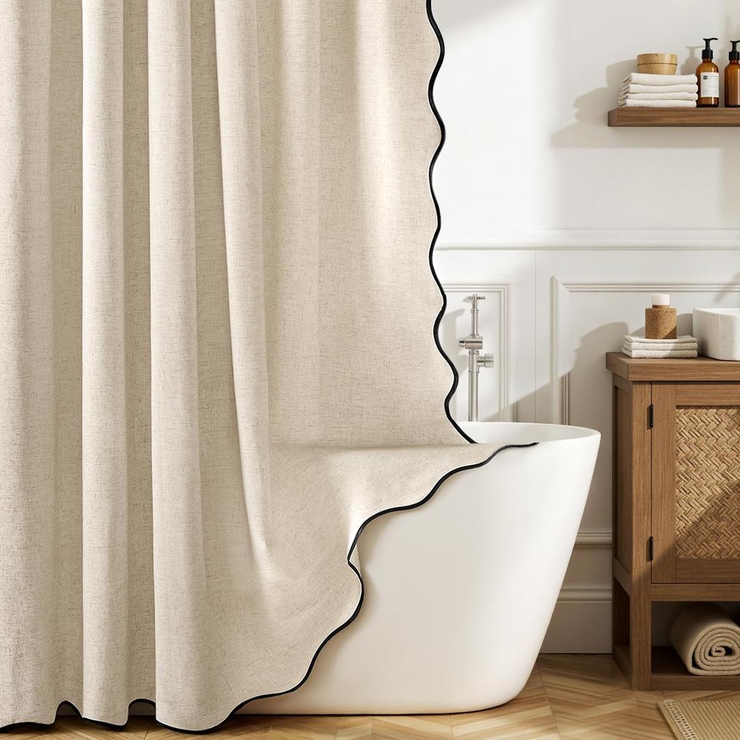 MIULEE 84" Long Scalloped Linen Shower Curtain with 12 Metal Hooks Cute Extra Long Boho Heavy Duty Washable Waterproof Thick Cloth Curtains with Black Border for Bathroom Hotel Bathtub,Beige
