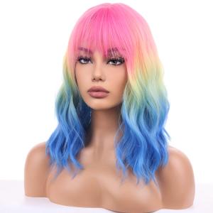 Ombre Rainbow Wigs for Women Girls Short Bob Wig Short Curly Wavy Wig With Bangs Colorful Wig Heat Resistant Synthetic Wigs for Cosplay Costume Party