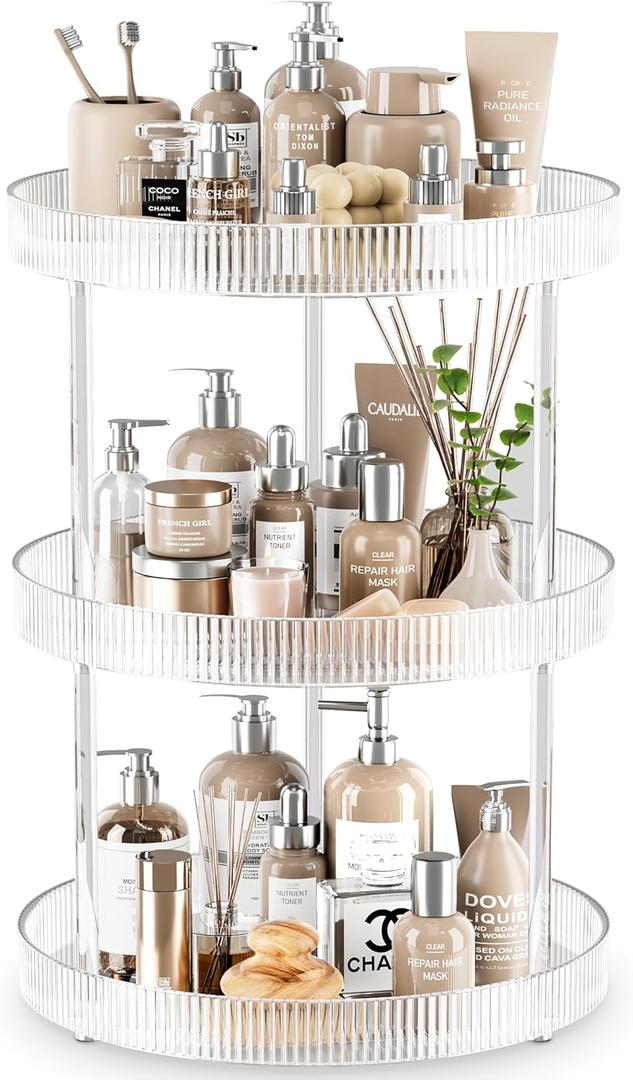 3 Tier Lazy Susan Bathroom Countertop Organizer, 360° Clear Rotating Makeup Cosmetic Perfume Storage Tray, Spinning Vanity Organizer Shelf for Bathroom Cabinet, Dresser, Kitchen(Large)