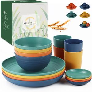Wrova Wheat straw plates and bowls sets of 16 - Unbreakable wheat straw dinnerware sets for kids - Alternative plastic dinnerware set service for 4 - Microwave safe and Dishwasher safe bowls. Colorful