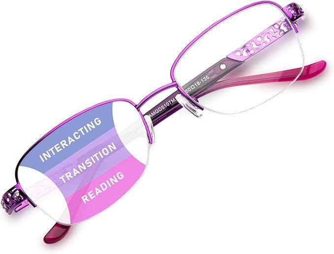 DEHOTRE Progressive Multifocal Reading Glasses Women No Line Bifocal Readers with Nose Pad Metal Half Frame Mid-Near Range 3ft Purple 2.00
