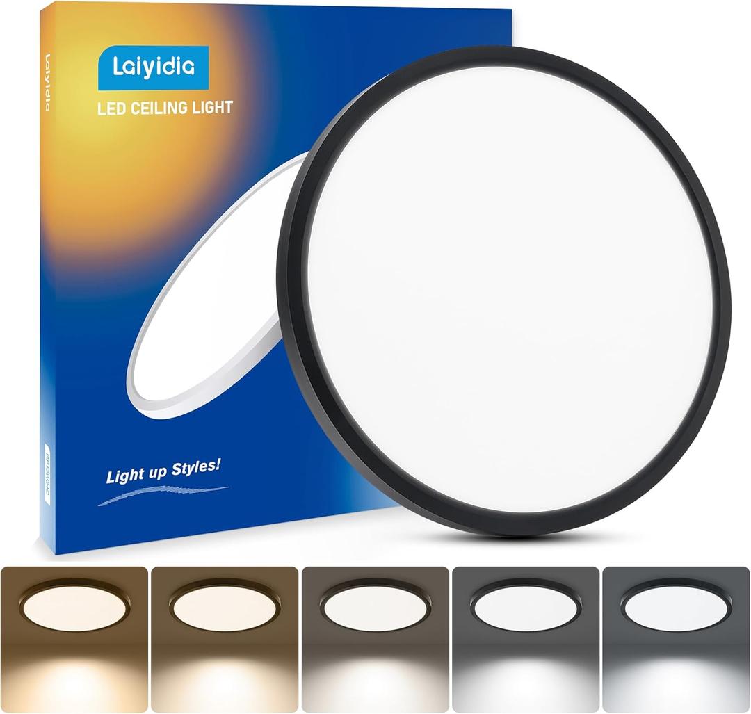 12 Inch Flush Mount Ceiling Light, 5 CCT Selectable 2700K-6500K, 24W 2640LM Ultra Thin Flat Panel, LED Light Fixture for Bedroom Kitchen Bathroom Hallway Closet, Non-Dimmable, Matte Black, 1-Pack