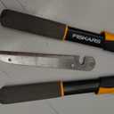 Fiskars Power-Lever Extendable Hedge Shears, Self-Sharpening Serrated Steel Blades for Clean Cuts, Handles Adjust 25"-33" for High Reach, Multiplies Leverage for 2x Power, 10" Blades, Orange/Black, 1-pack
