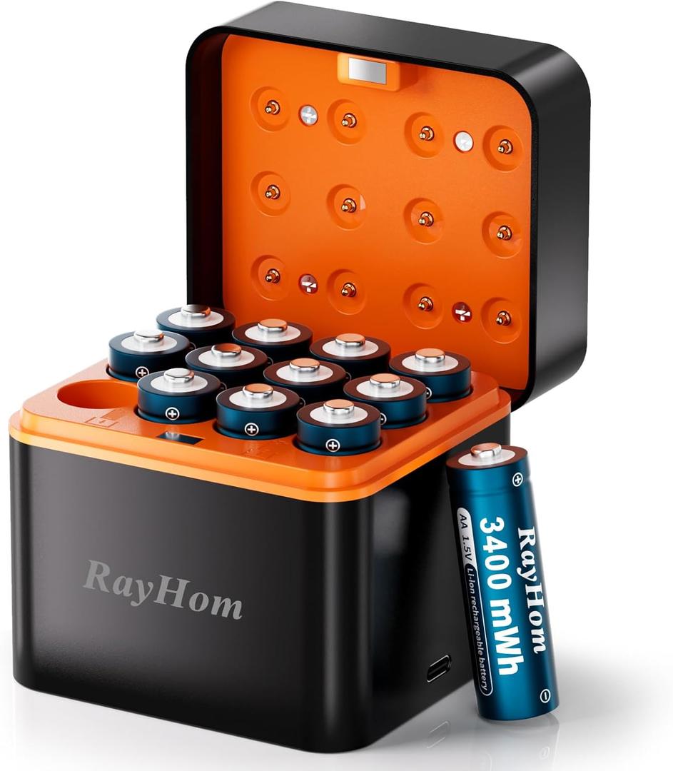 12-Pack Rechargeable Lithium aa Batteries with Charger, 1.5V Constant Output, 3400mWh High Capacity, 12-Slot Double A Li-ion Charger with Smart Charging, Multiple Charging Protections