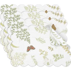 4 Pcs Butterfly Fern Cotton Quilted Placemats 13 x 19 Inch Rectangular Fabric Placemat Green and White Washable Dining Table Place Mats Rustic Kitchen Decor for Spring Holiday Decoration