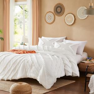 Cupocupa Queen Comforter Set Ivory Tufted Comforters Sets Bedding for Queen Bed 3PCS Boho Comforter Soft Fluffy Lightweight Comforter with 2 Pillow Cases for All Season