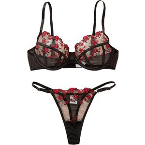 GORGLITTER Women's Floral Embroidered Lingerie Mesh Underwire Push Up Bra and Panty Set Black Red Flower Large