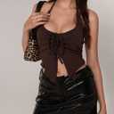 Women's Tie Front Ruched Halter Tops Split Asymmetrical Hem Fitted Camisole Tank Top (L)