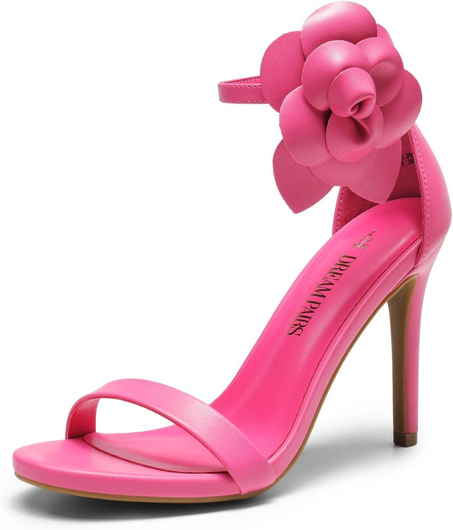 DREAM PAIRS Women's High Heels Flower Ankle Strap Stilettos Round Open Toe Dressy Sexy Sandals (9.5, Hot Pink-pu)