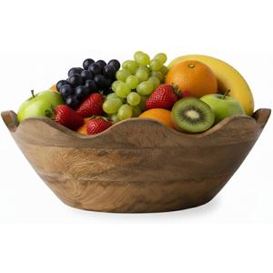 Mela Artisans Scalloped Decorative Wooden Bowl | 12 Inch Mango Wood Fruit & Serving Bowl | Natural Grain Finish | For Kitchen Counter | Snacks | Desserts | Bread | Handcrafted Home Decor