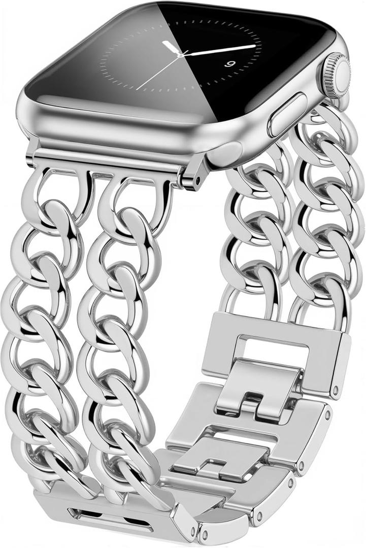 JR.DM Silver Watch Bands for Women Compatible with Apple Watch 38mm 40mm 41mm 42mm (S10/11) Adjustable Metal Band Cowboy Steel Chain Bracelet for iWatch Series1/2/3/4/5/6/7/8/9/10/11 SE 3/2/1(No Case)