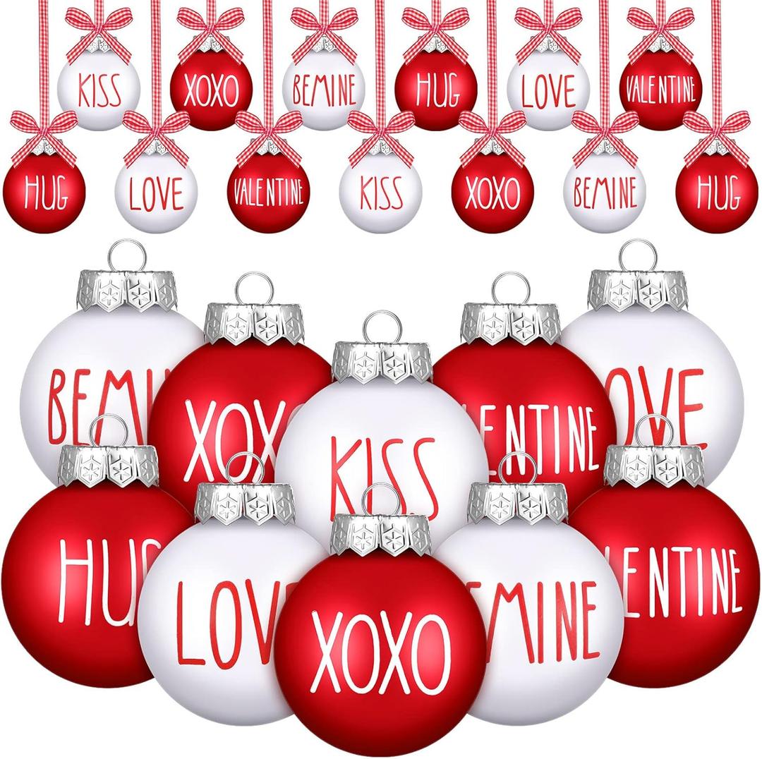 Vinsot 24 Pieces Valentine's Day Ball Ornaments 2.36 Inch Red White Tree Ornaments Plastic Decorative Kiss Be Mine Love Hanging Baubles Valentines Day Decorations for Tree Home Decor