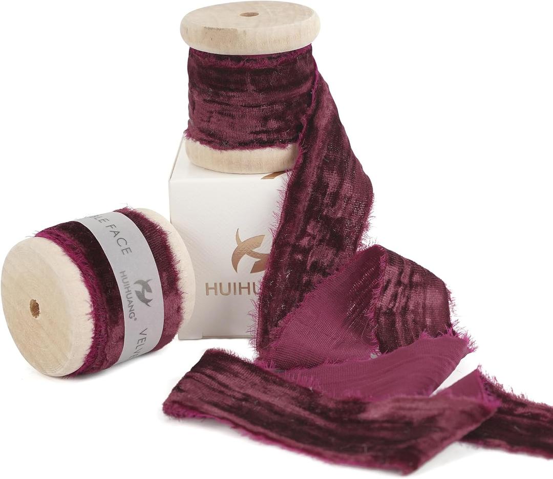 HUIHUANG Burgundy Velvet Ribbon - 1 inch Frayed Silk Velvet Ribbons for Ornaments, Crafts, Wreaths, Gift Wrapping, Floral Bouquet, Christmas Tree Decoration, Wedding Decor