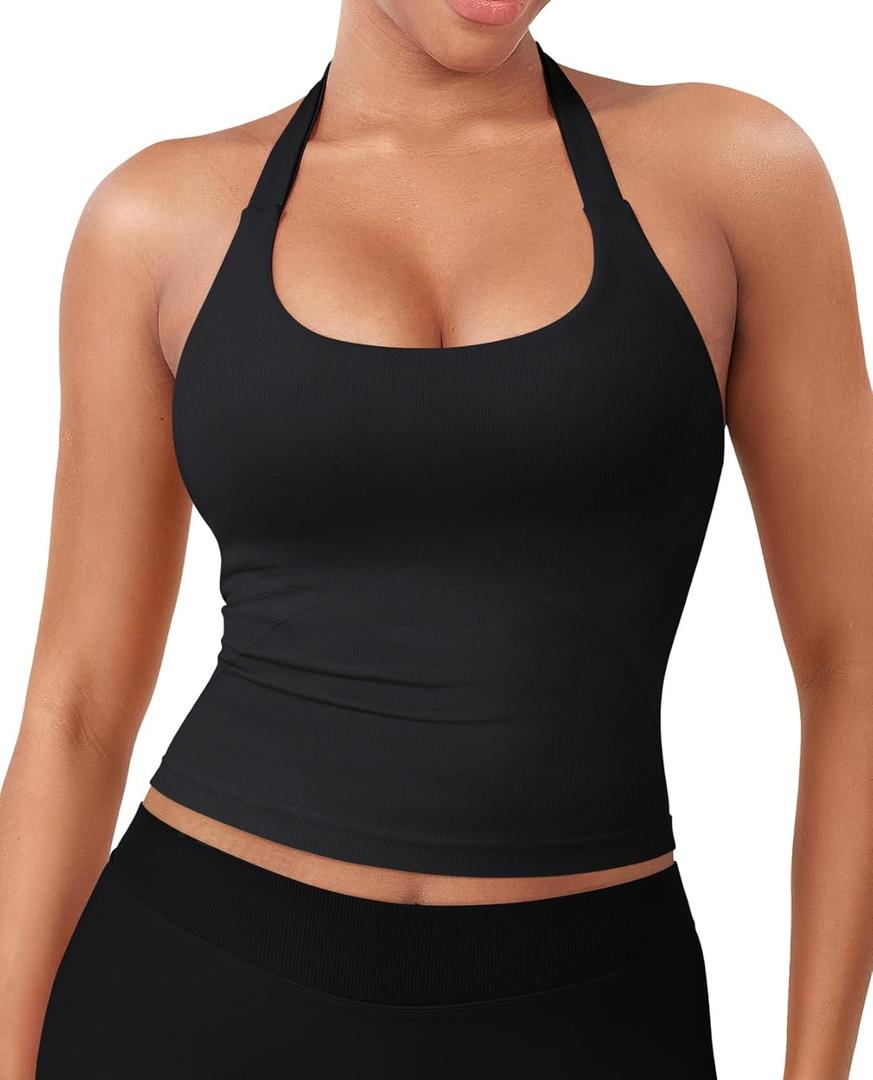 YEOREO SoftHue Women's Impact Halter Tank Top Longline Backless Scoop Neck Built-in Bra Sports Workout Gym Crop Top (Medium, Black)